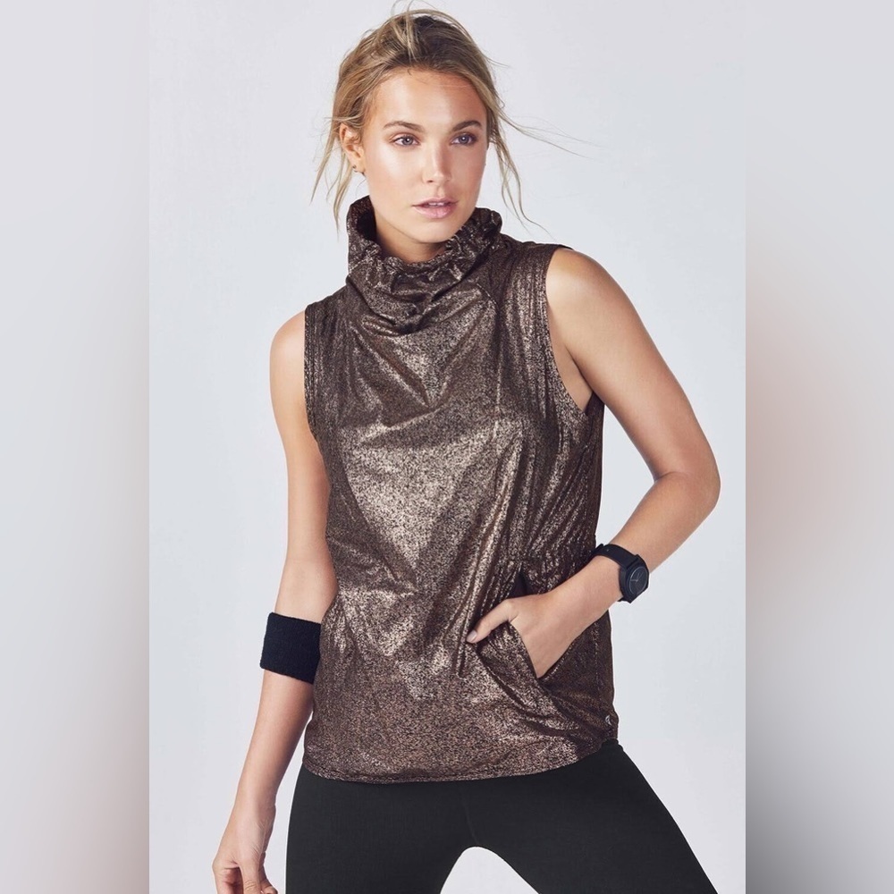 Fabletics Metallic Bronze Cowl Neck Vest Jacket Sleeveless Shirt Pockets